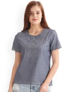Flying Machine Women Blue Embroidered Chambray Pure Cotton Top