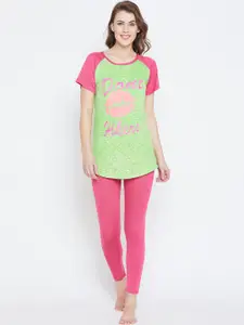 Camey Women Green & Pink Printed Night suit