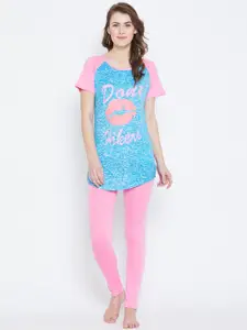 Camey Women Blue & Pink Printed Night suit