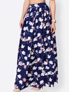 SCORPIUS Women Navy Blue Floral Printed Flared Maxi Skirt
