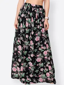 SCORPIUS Women Black Floral Printed Flared Maxi Skirt