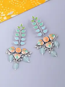 Voylla Silver-Plated Multicoloured Enamelled Leaf Shaped Drop Earrings