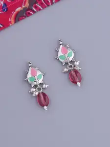 Voylla Silver-Plated & Red Leaf Shaped Drop Earrings