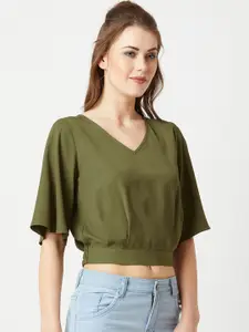 Miss Chase Women Olive Green Solid Crop Blouson Top