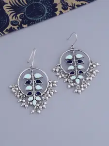 Voylla Silver-Plated & Blue Enamelled Circular Shaped Drop Earrings