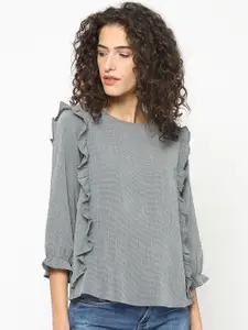 Gipsy Women Grey Checked A-Line Pure Cotton Top