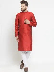 TREEMODA Men Red & White Self Design Kurta with Pyjamas