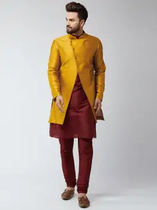 SOJANYA Men Maroon & Mustard Yellow Self Design Kurta with Churidar