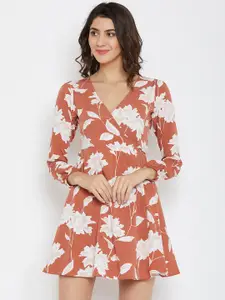 Berrylush Women Brown Floral Printed Wrap Dress