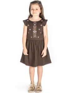 Cherry Crumble Girls Brown Embroidered Fit and Flare Dress