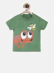 MINI KLUB Boys Green Printed Round Neck Pure Cotton T-shirt