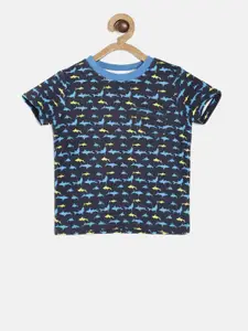 MINI KLUB Boys Blue Printed Round Neck Pure Cotton T-shirt