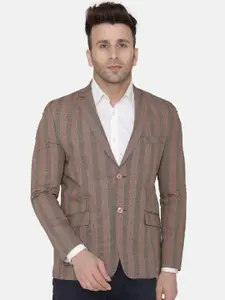 Wintage Men Brown & Grey Striped Regular-Fit Single-Breasted Pure Cotton Blazer