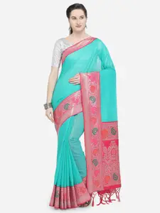 Varkala Silk Sarees Turquoise Blue & Pink Silk Cotton Woven Design Banarasi Saree