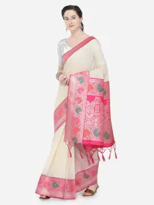 Varkala Silk Sarees Cream-Coloured & Pink Silk Cotton Woven Design Banarasi Saree