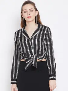 Zastraa Women Black Striped Shirt Style Top
