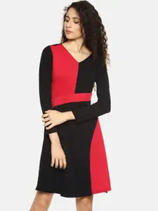 AARA Women Black & Red Colourblocked Fit and Flare Dress