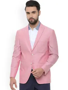 Louis Philippe Men Pink Solid Slim-Fit Single-Breasted Pure Cotton Blazer