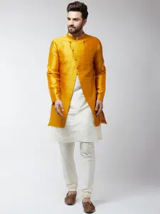 SOJANYA Men Cream-Coloured & Mustard Yellow Self Design Layered Kurta with Churidar