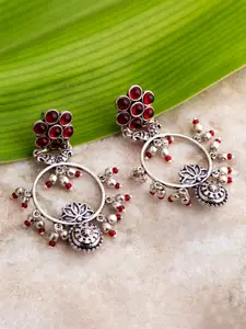 Voylla Oxidised Silver-Plated & Maroon Handcrafted Stone-Studded Circular Drop Earrings