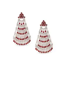 Fabstreet Silver-Toned & Red Contemporary Drop Earrings