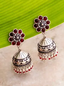 Voylla Maroon Oxidised Silver-Plated Handcrafted Dome Shaped Jhumkas