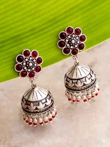 Voylla Maroon Oxidised Silver-Plated Handcrafted Dome Shaped Jhumkas