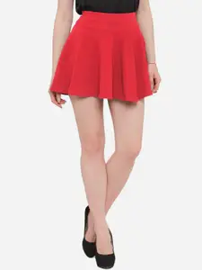N-Gal Women Coral-Coloured Solid Flared Mini Skirt