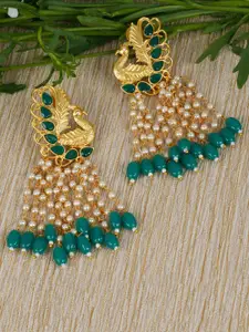 Shining Diva Gold-Toned & Green Classic Drop Earrings