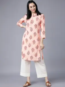 Vishudh Women Peach-Coloured Floral Printed Straight Kurta