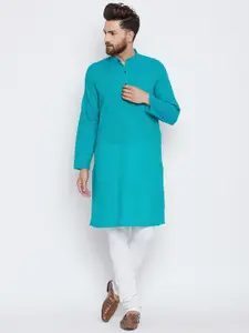 even Men Turquoise Blue & White Solid Kurta with Pyjamas