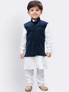 JBN Creation Boys White & Navy Blue Solid Kurta with Churidar and Jacket