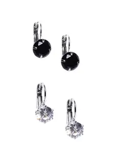OOMPH Silver-Toned & Black Circular Drop Earrings