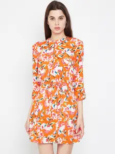 Oxolloxo Women Orange Printed Fit and Flare Dress