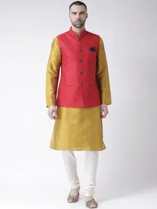 Kisah Men's Red Jacquard Nehru Jacket with Kurta and Churidar Set