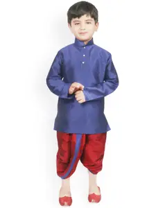 SG YUVRAJ Boys Navy Blue & Red Self Design Raw Silk Kurta with Dhoti Pants