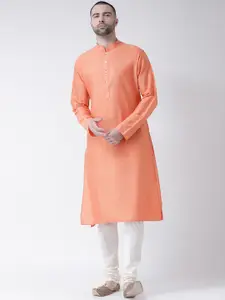 KISAH Men Coral & Off-White Solid Kurta with Churidar