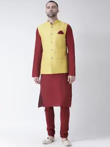 KISAH Men Maroon Self-Design Churidar Kurta with Nehru Jacket