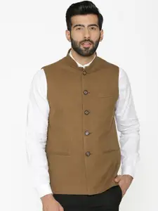 Wintage Men Khaki Woven Design Nehru Jacket