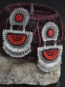 Moedbuille Silver-Plated & Red Oxidised Circular Drop Earrings