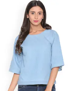 People Women Blue Solid A-Line Pure Cotton Top