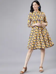 Tokyo Talkies Women Mustard Yellow Printed Fit and Flare Dress