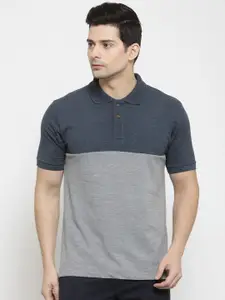 Kalt Men Navy Blue & Grey Colourblocked Polo Collar T-shirt