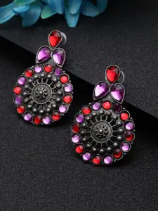 Moedbuille Women Red & Purple Silver-Plated Oxidised Circular Drop Earrings