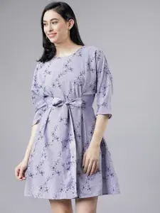 Tokyo Talkies Women Blue Self Design A-Line Dress