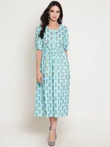 Sera Women Blue Printed Fit and Flare Dress