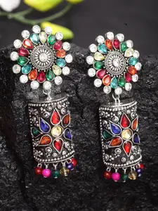 Moedbuille Women Multicoloured & Silver-Plated Handcrafted Contemporary Shaped Jhumkas