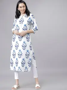 Vishudh Women White & Blue Floral Printed Straight Kurta