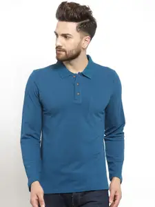 Kalt Men Teal Blue Solid Polo Collar T-shirt