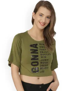 Campus Sutra Women Olive Green Printed Round Neck T-shirt